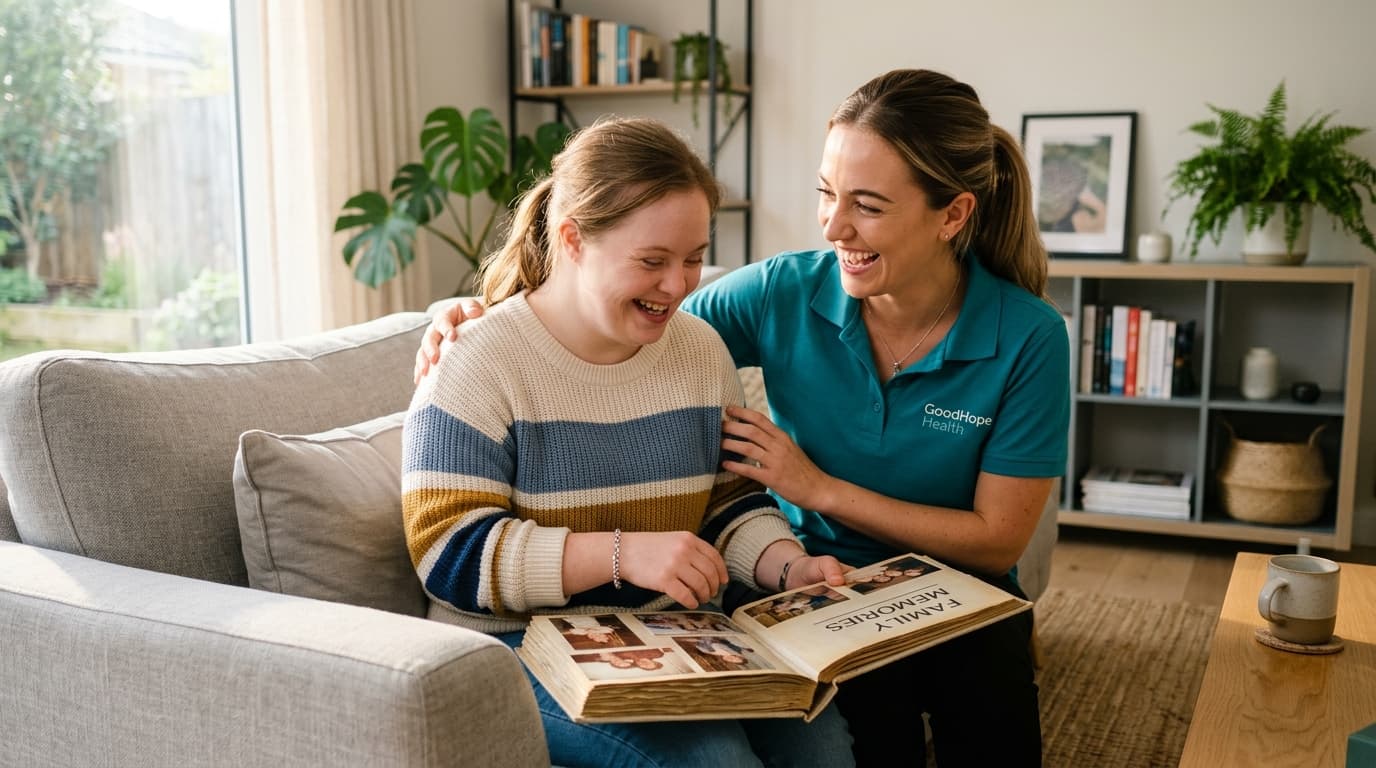 A GoodHope caregiver and a young woman laughing together at home